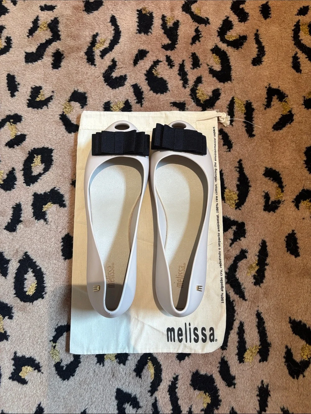 Melissa Ultra Sweet VIII Peep-Toe Flats with Black Bow Accent in Beige BNIB